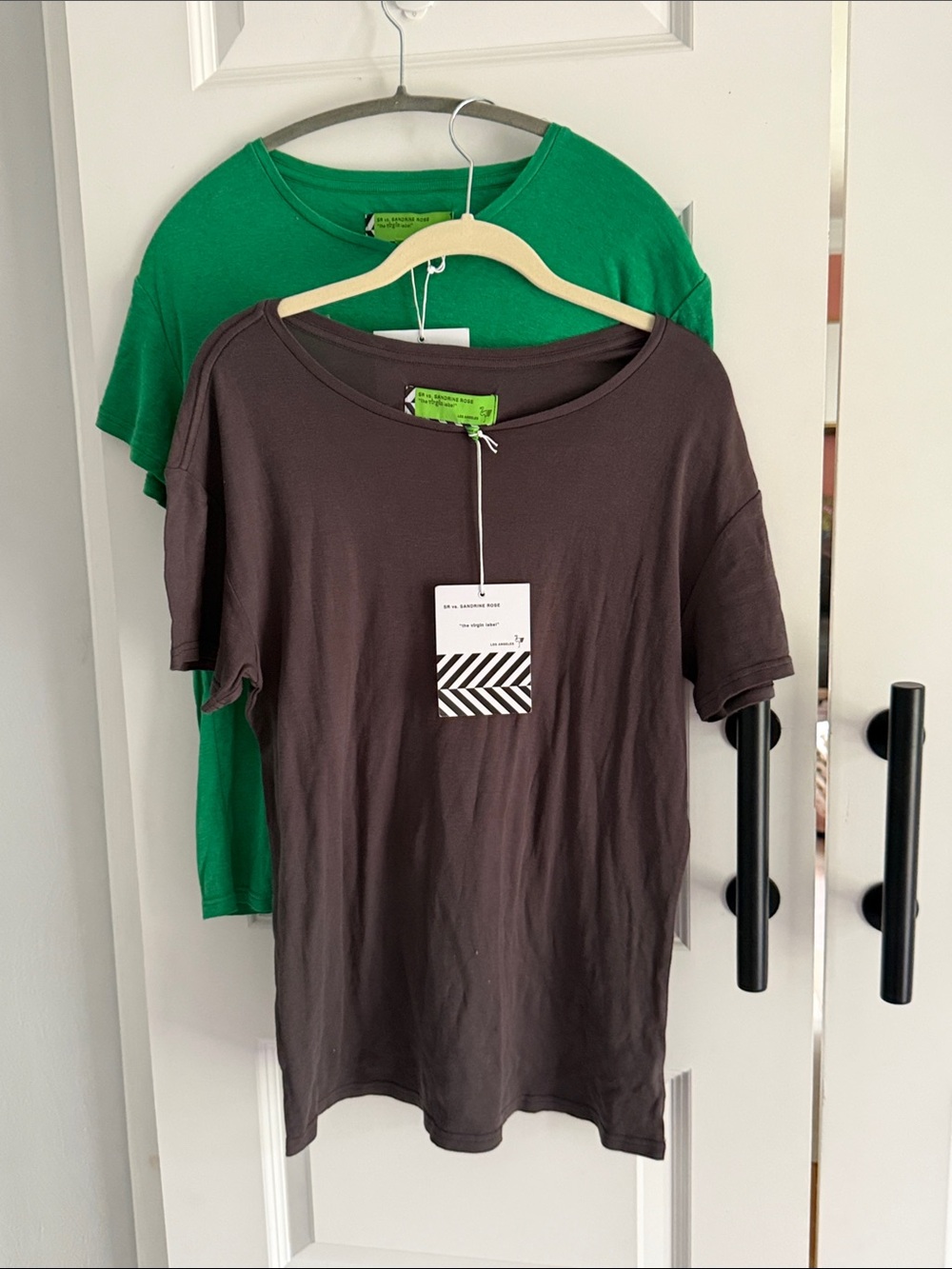 Sandrine Rose Two Basic Crewneck Tees in Chocolate Brown and Kelly Green small